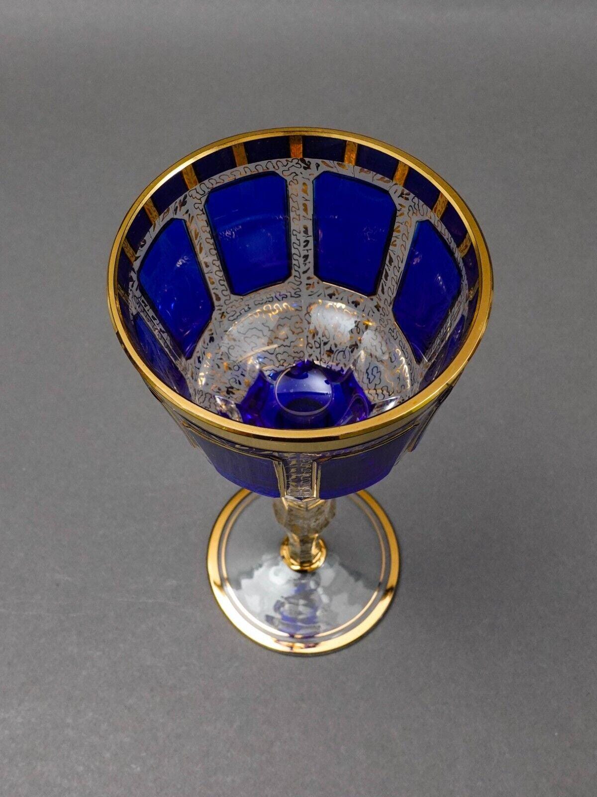Moser Bohemian Cobalt Blue Gold Gilded Panel 8 1/4" Wine Glass Goblet Set Of 4