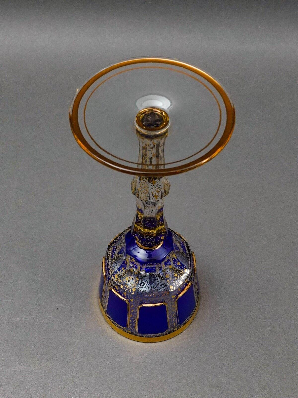 Moser Bohemian Cobalt Blue Gold Gilded Panel 8 1/4" Wine Glass Goblet Set Of 4