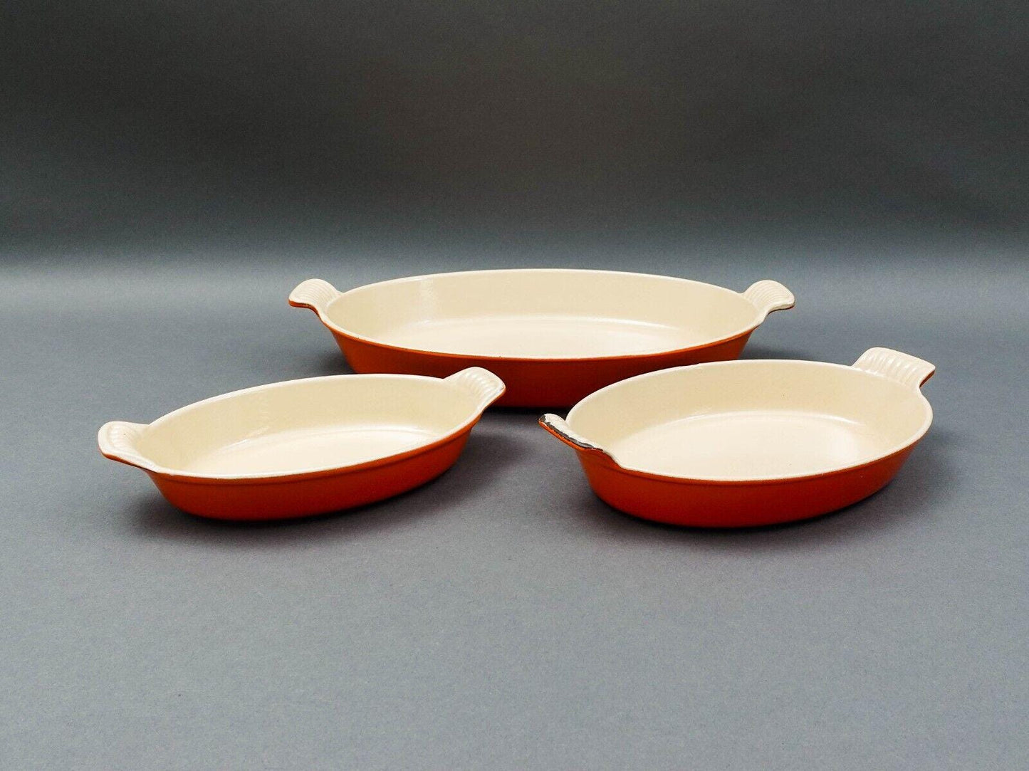 Le Creuset France Flame Orange Enamel Oval #36 #24 #20 Au Gratin Baker Set Of 3