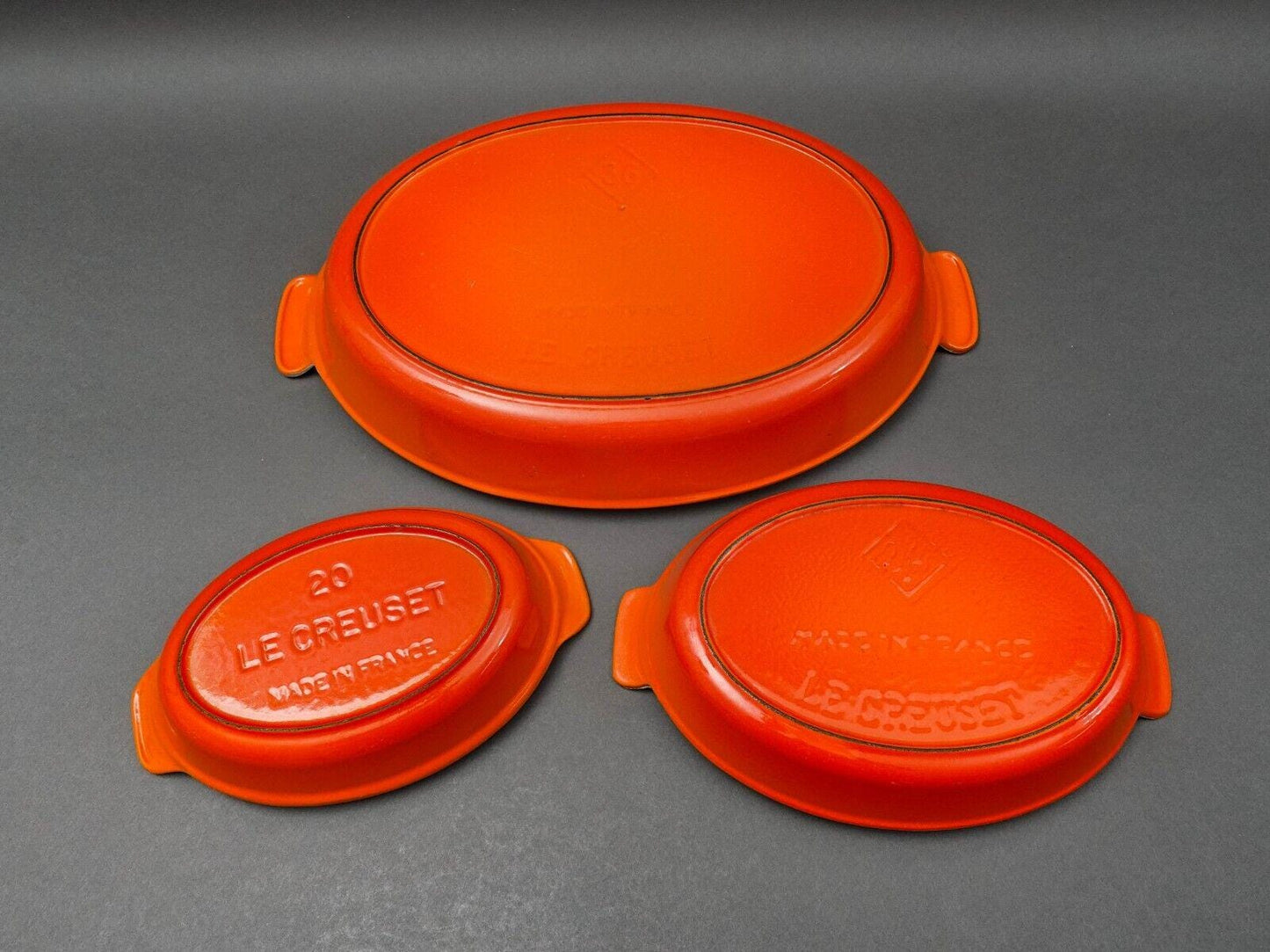 Le Creuset France Flame Orange Enamel Oval #36 #24 #20 Au Gratin Baker Set Of 3