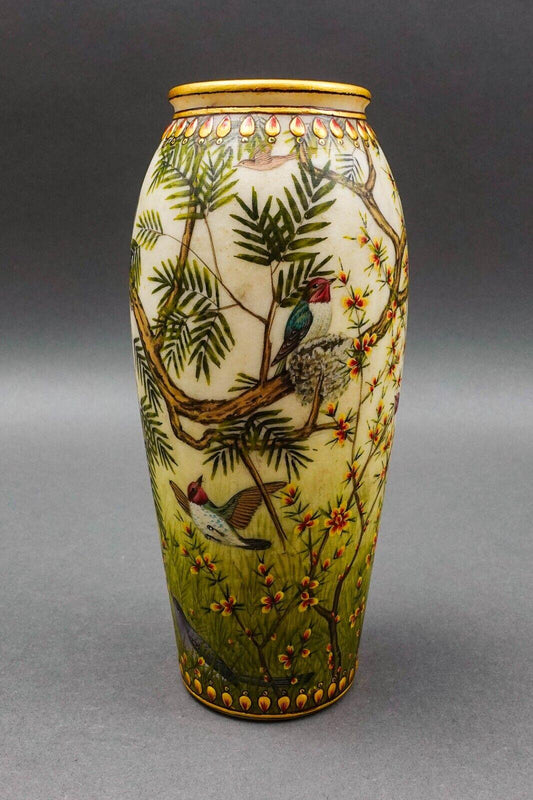 Amazing Beautiful Hand Painted Sparrow Birds Tropical Floral Ceramic Vase 8"