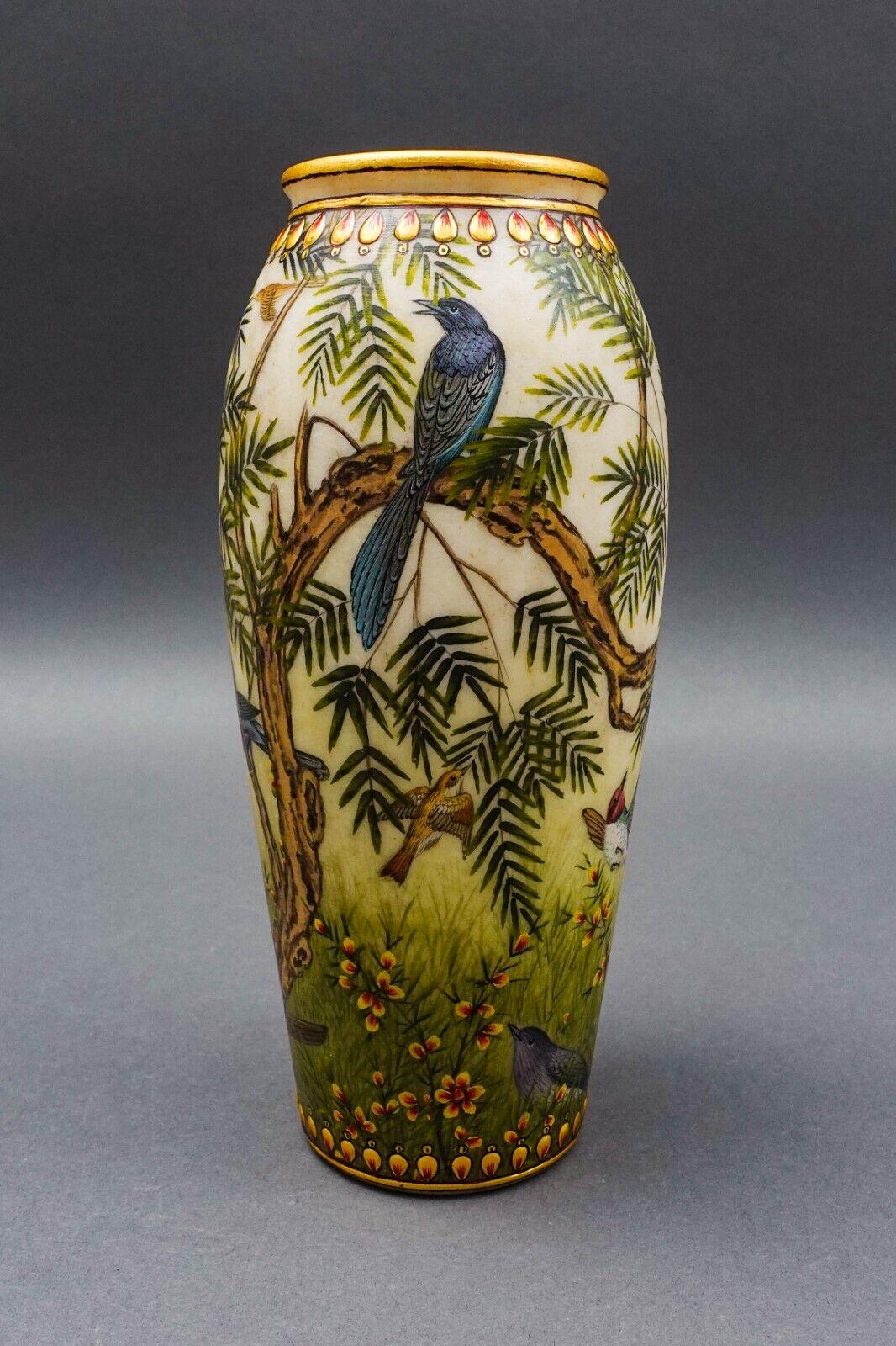 Amazing Beautiful Hand Painted Sparrow Birds Tropical Floral Ceramic Vase 8"
