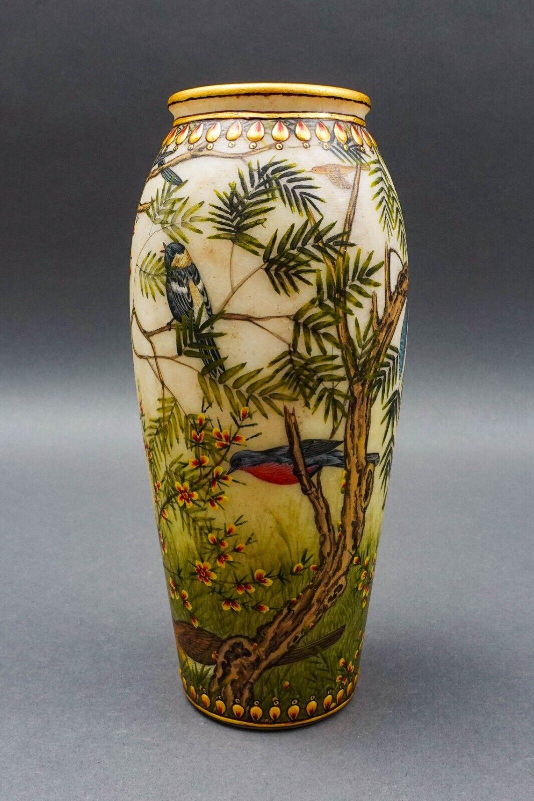 Amazing Beautiful Hand Painted Sparrow Birds Tropical Floral Ceramic Vase 8"