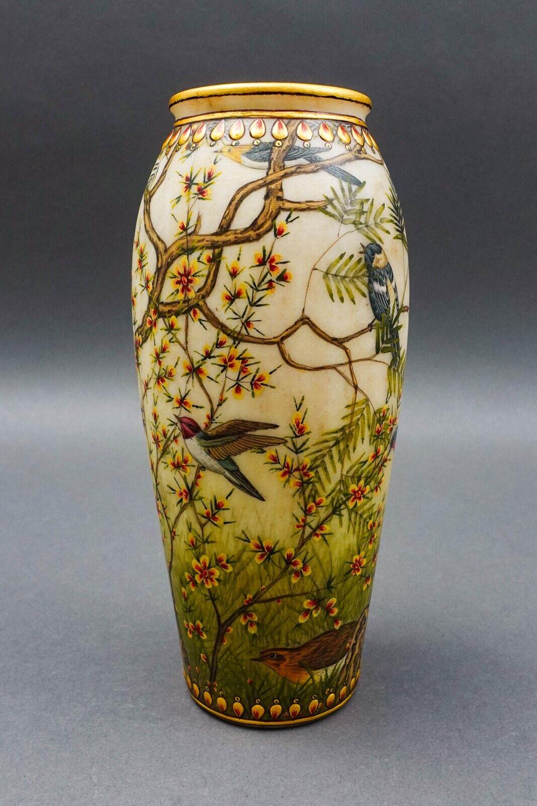 Amazing Beautiful Hand Painted Sparrow Birds Tropical Floral Ceramic Vase 8"