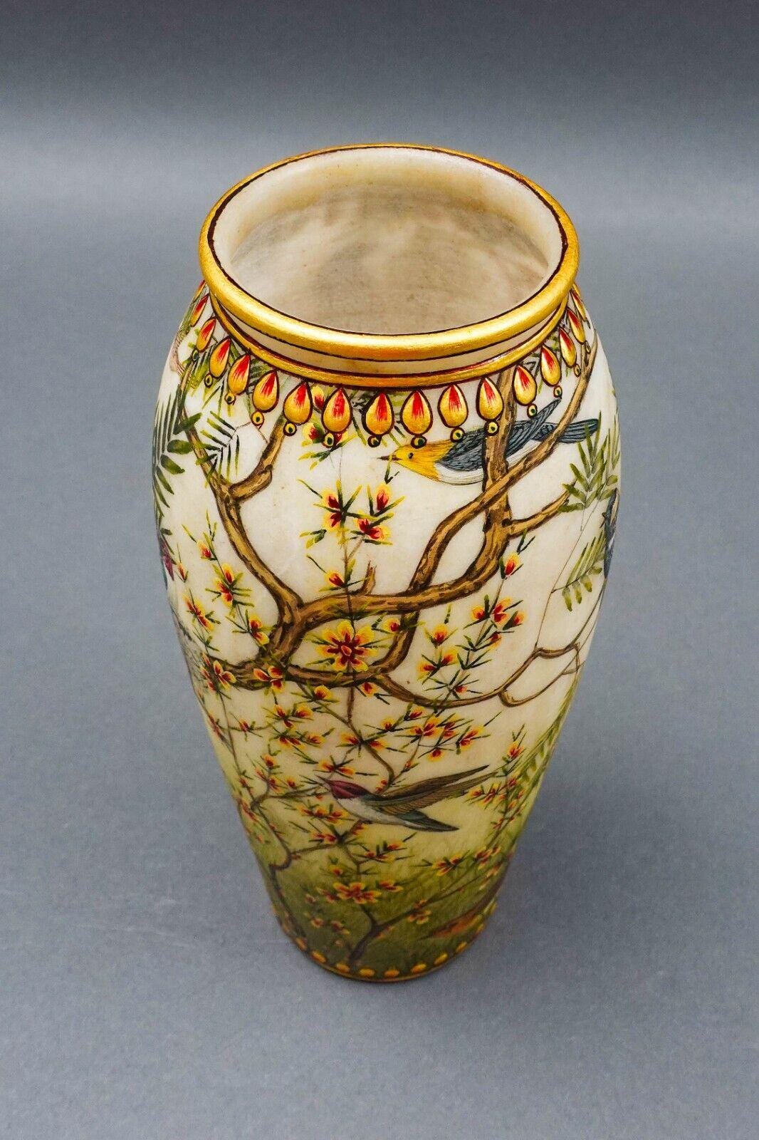 Amazing Beautiful Hand Painted Sparrow Birds Tropical Floral Ceramic Vase 8"
