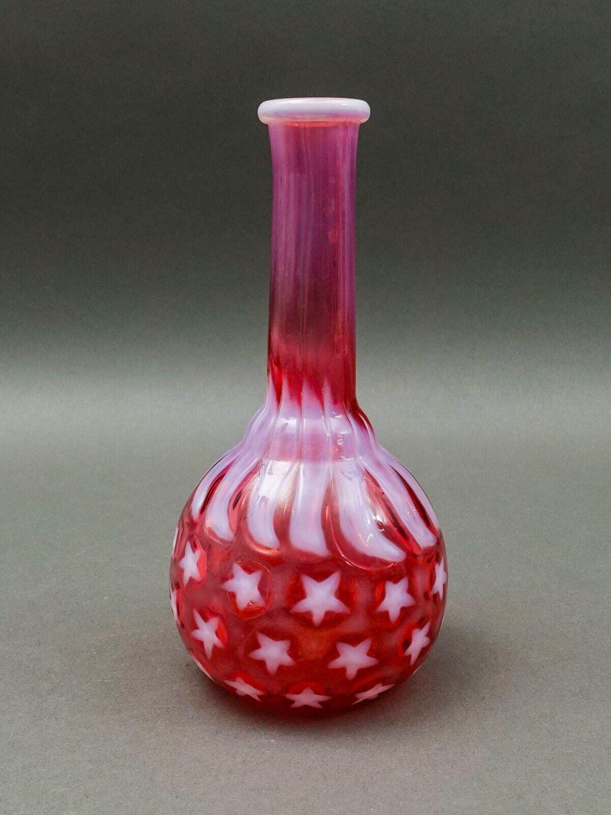 Hobbs Brockunier Cranberry Opalescent Stars & Stripes Bitters Barber's Bottle 7"