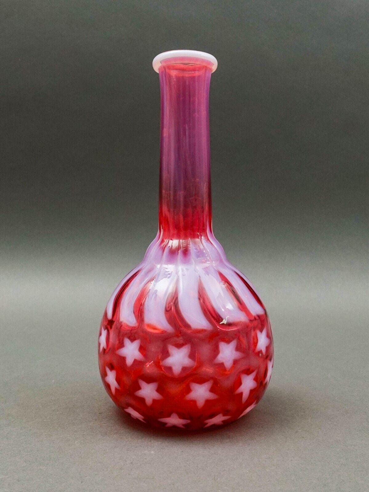 Hobbs Brockunier Cranberry Opalescent Stars & Stripes Bitters Barber's Bottle 7"