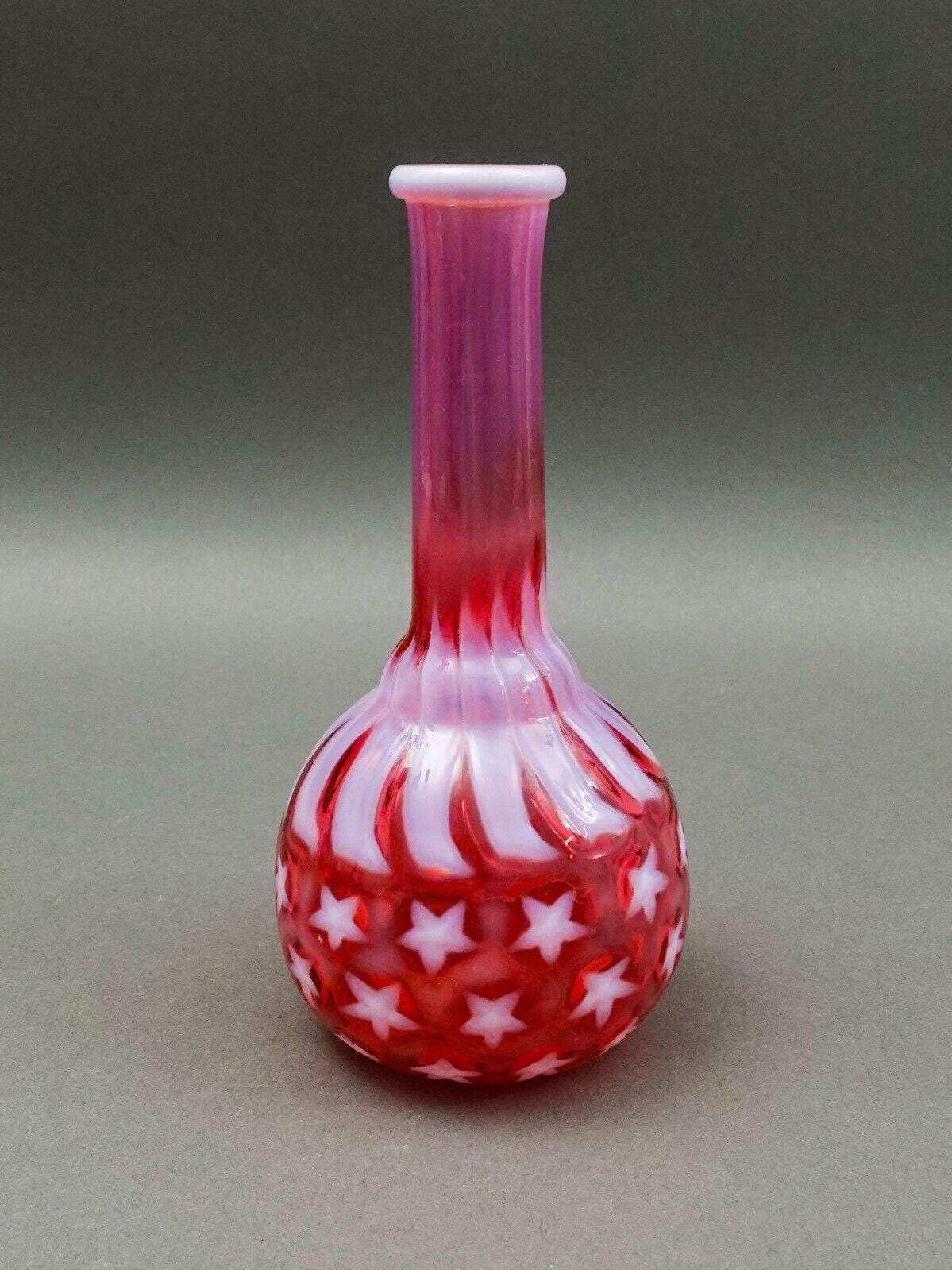 Hobbs Brockunier Cranberry Opalescent Stars & Stripes Bitters Barber's Bottle 7"