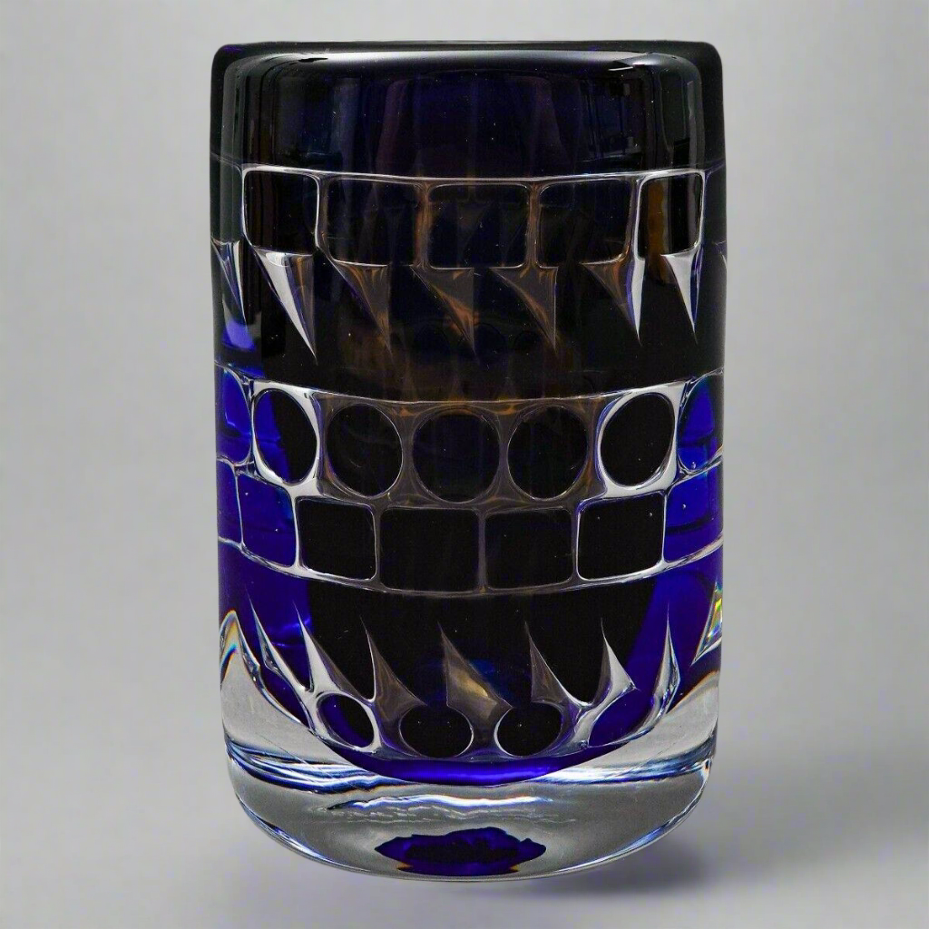 Orrefors Ingeborg Lundin Signed Ariel Nr. 164.-E.3 Blue Geometric Glass Vase
