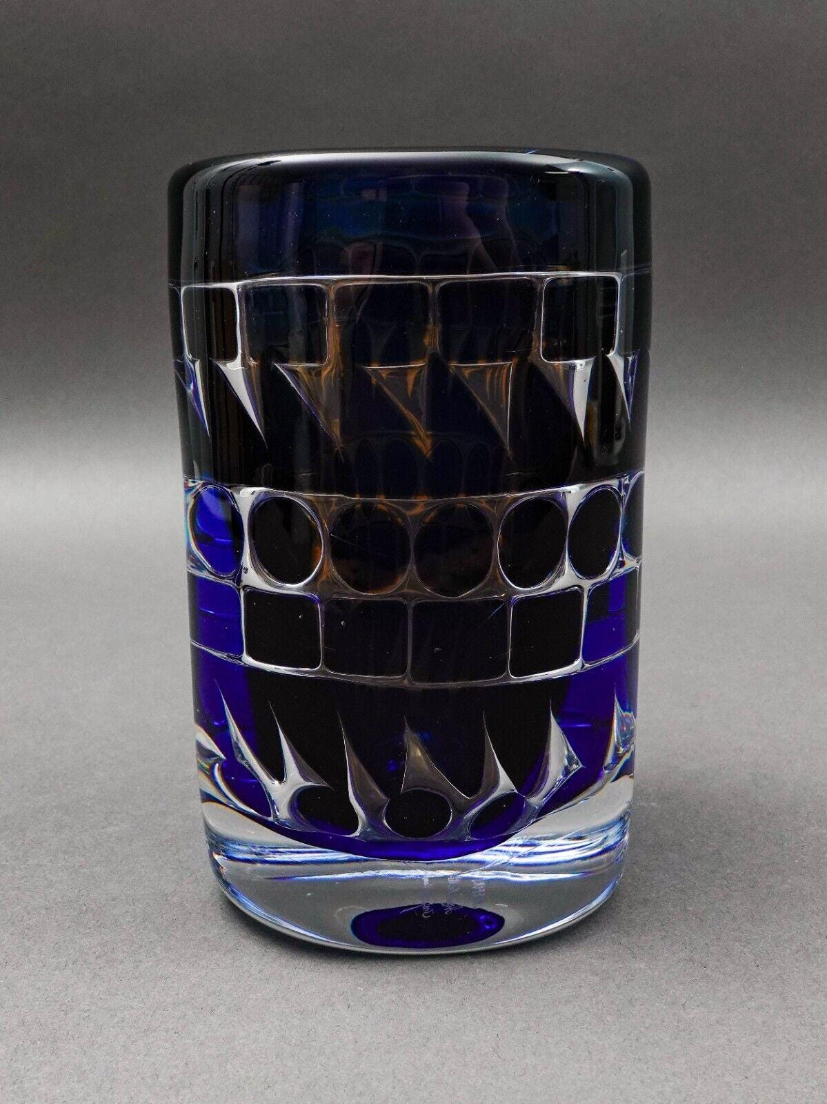 Orrefors Ingeborg Lundin Signed Ariel Nr. 164.-E.3 Blue Geometric Glass Vase