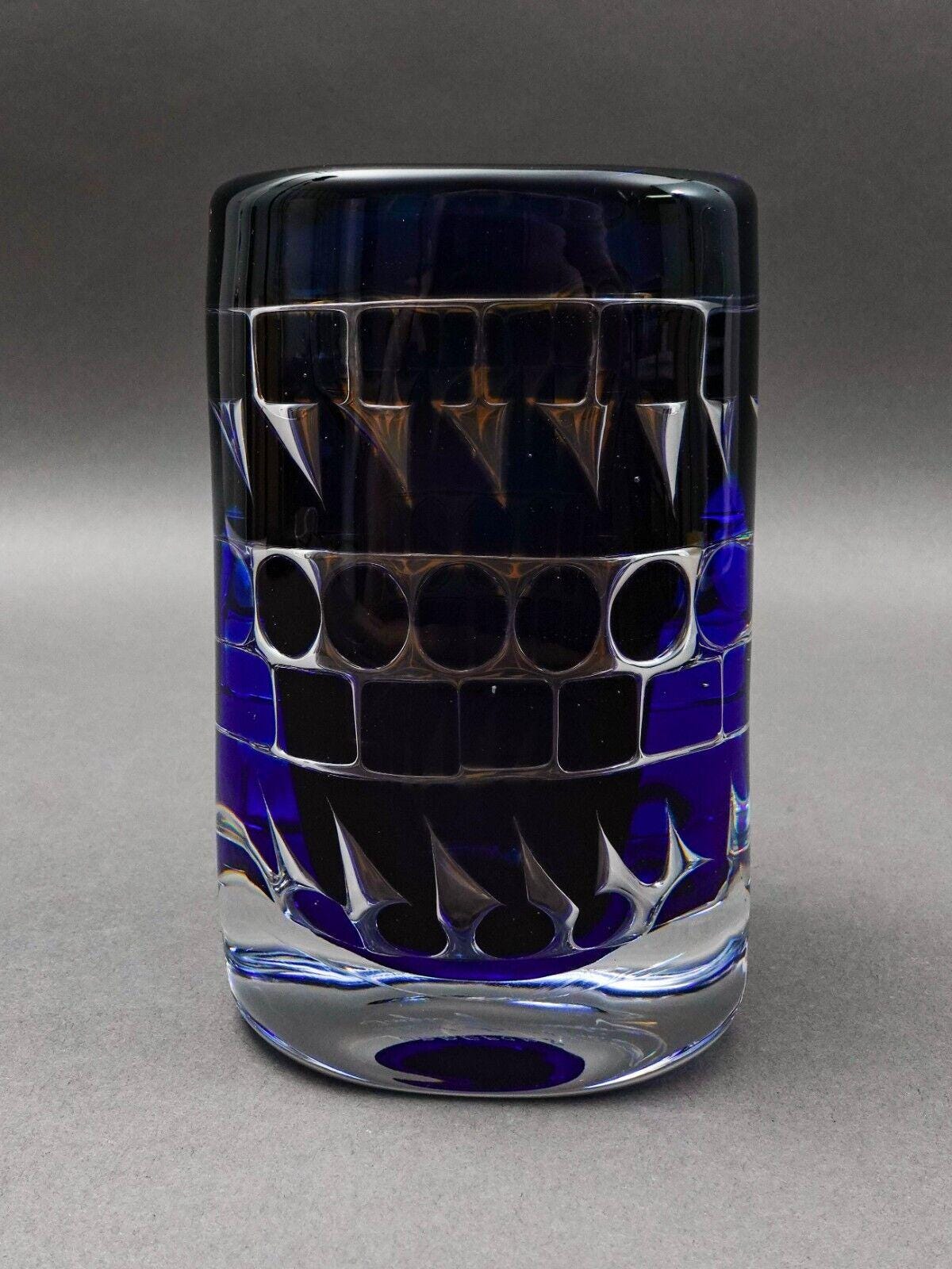 Orrefors Ingeborg Lundin Signed Ariel Nr. 164.-E.3 Blue Geometric Glass Vase