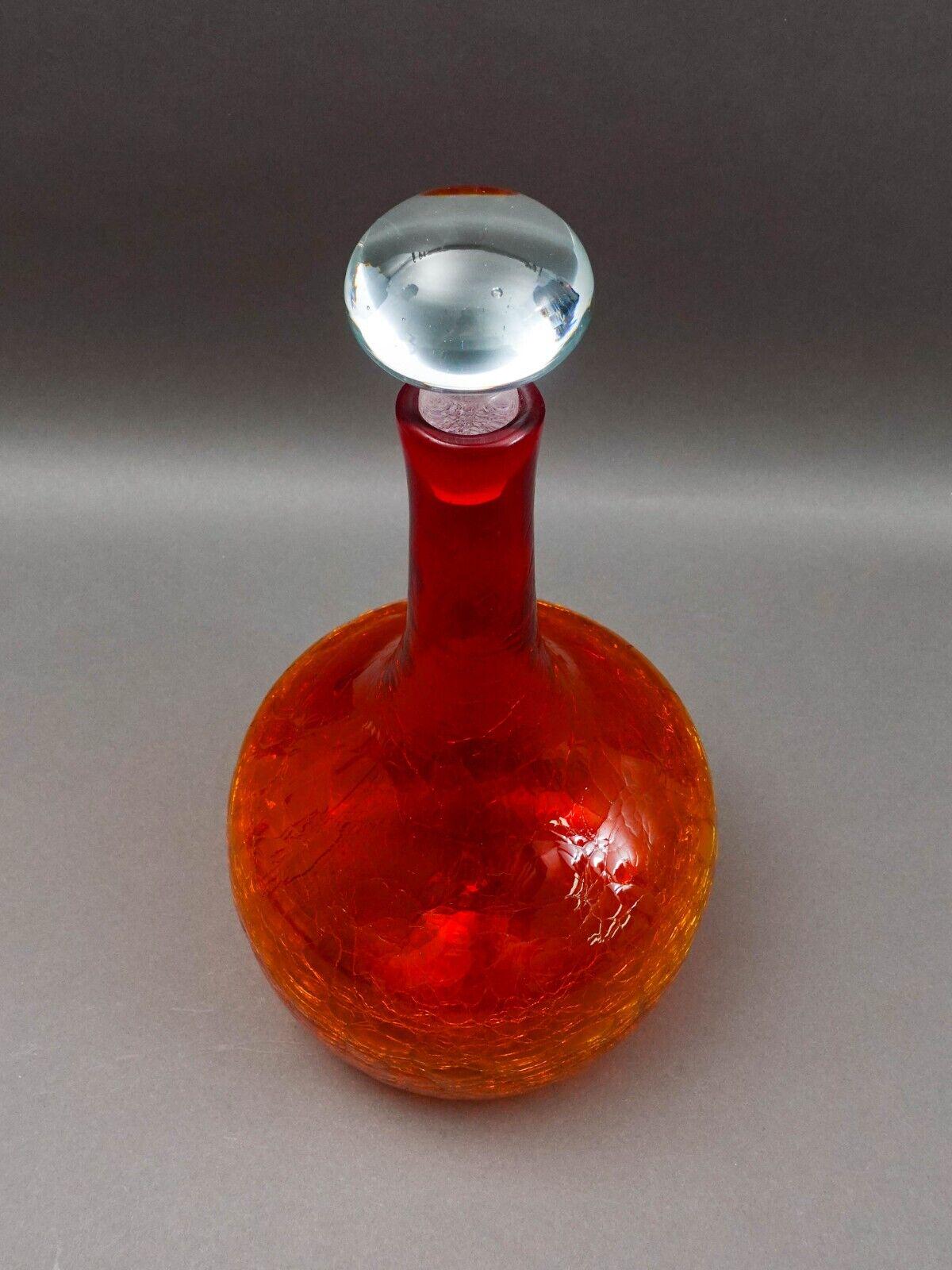 Blenko Vintage MCM Tangerine Amberina Crackle Glass Decanter With Stopper 16"