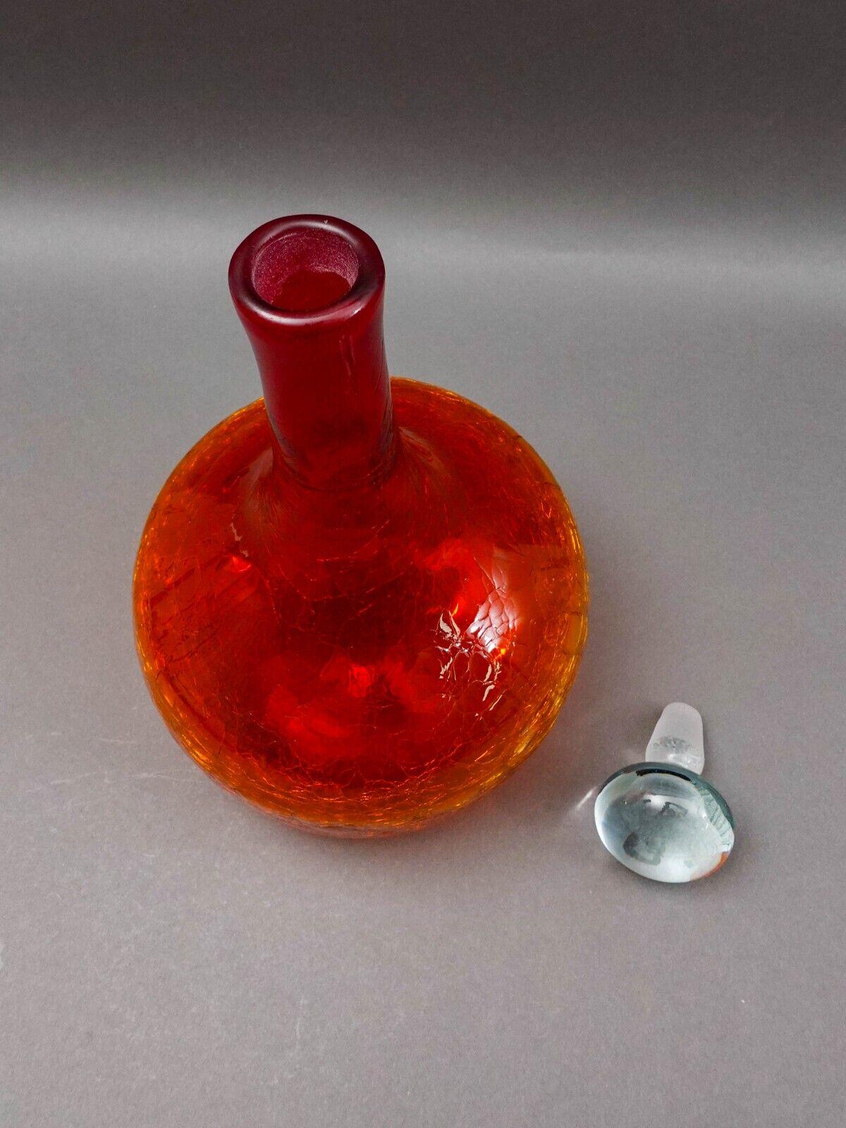 Blenko Vintage MCM Tangerine Amberina Crackle Glass Decanter With Stopper 16"