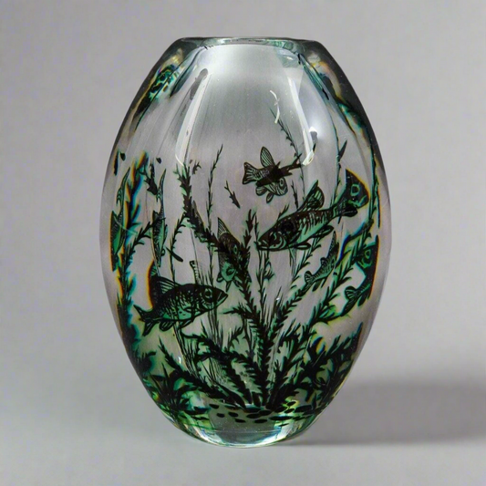 Edward Hald (Sweden, 1883 -1980) Orrefors 1948 "Graal" Fish Art Glass Vase 5.25"
