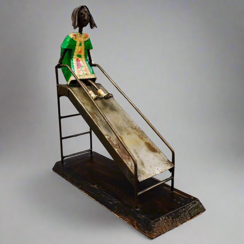 Manuel Felguerez Mexico Signed Girl On Slide Large Metal Art Sculpture 14 1/2"
