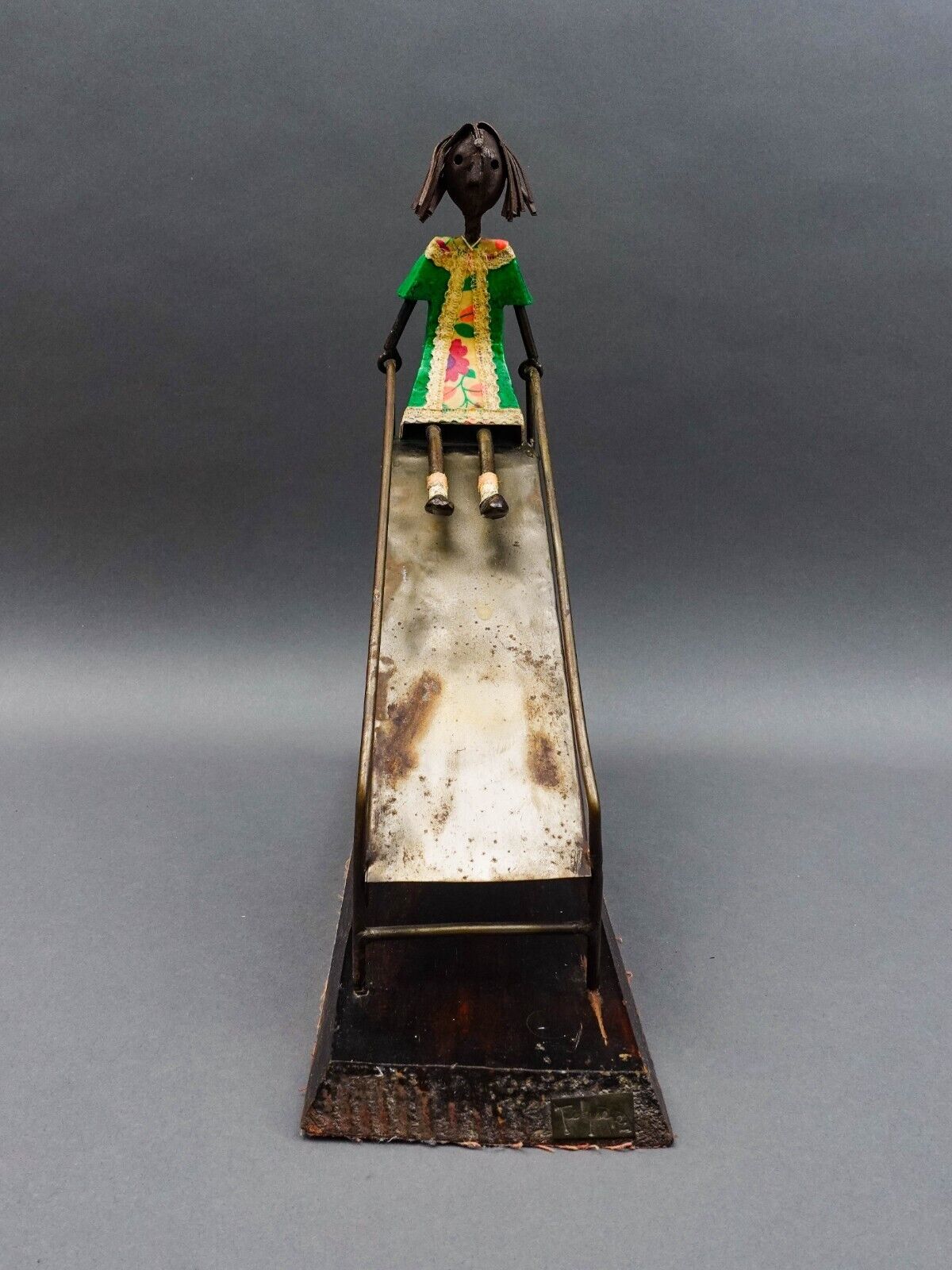 Manuel Felguerez Mexico Signed Girl On Slide Large Metal Art Sculpture 14 1/2"