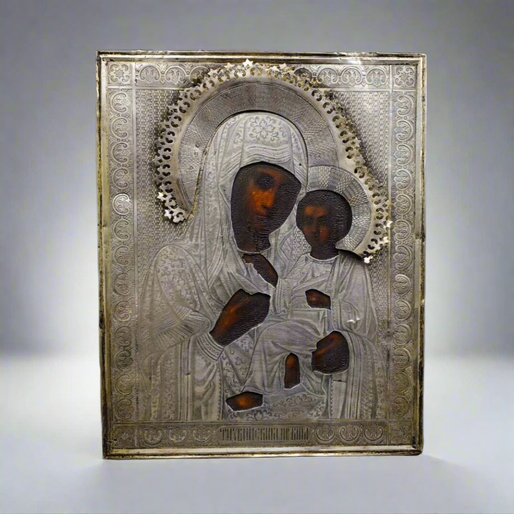 Antique 1893 Russian Icon Kazan Mother Of God Painting 84 Silver Frame (Read)