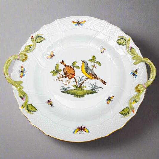 Herend Hungary Rothschild Bird Porcelain 10" Chop Plate With Handles