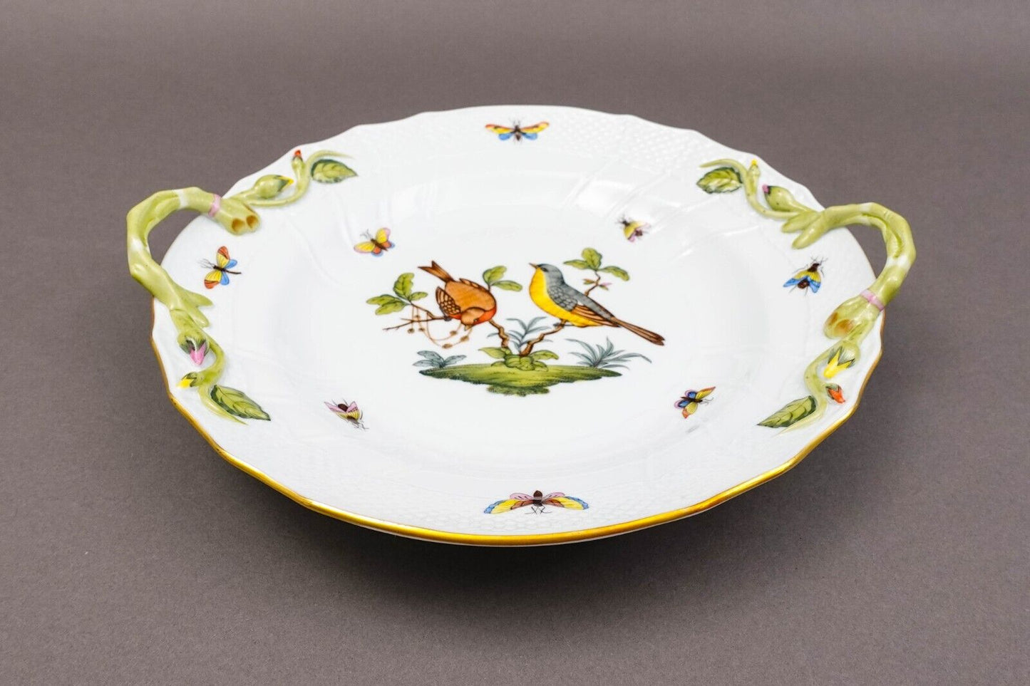 Herend Hungary Rothschild Bird Porcelain 10" Chop Plate With Handles