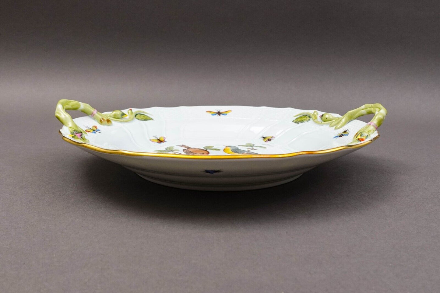 Herend Hungary Rothschild Bird Porcelain 10" Chop Plate With Handles