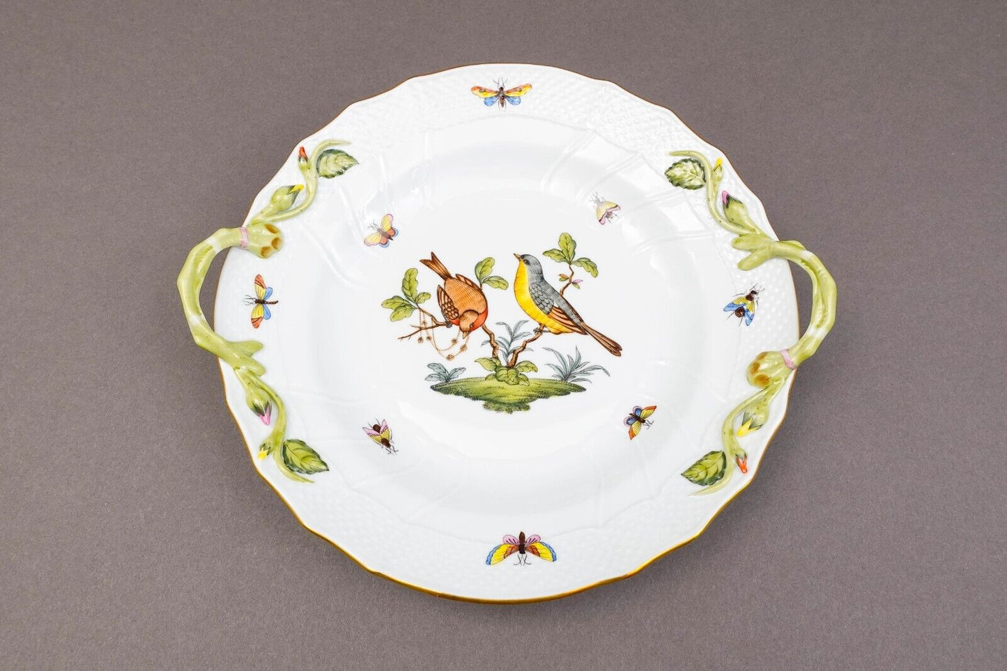Herend Hungary Rothschild Bird Porcelain 10" Chop Plate With Handles