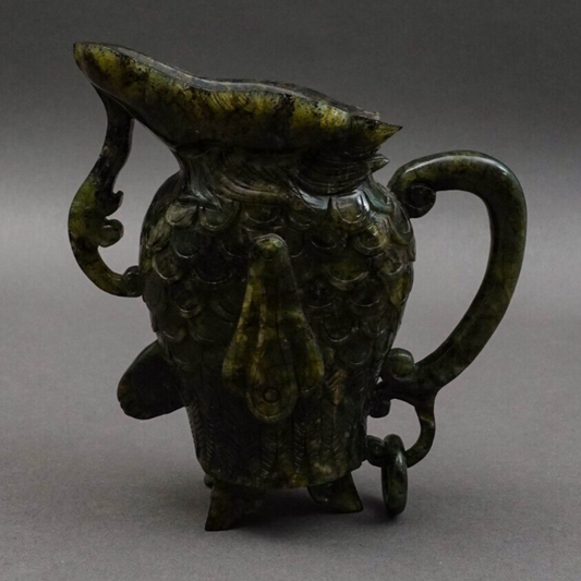 Chinese Carved Spinach Jade Carved Small Handled Pitcher