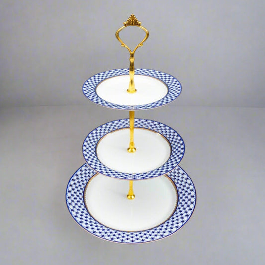 Lomonosov Russia Blue Gold Net Imperial Porcelain 3 Tier Dessert Cake Stand