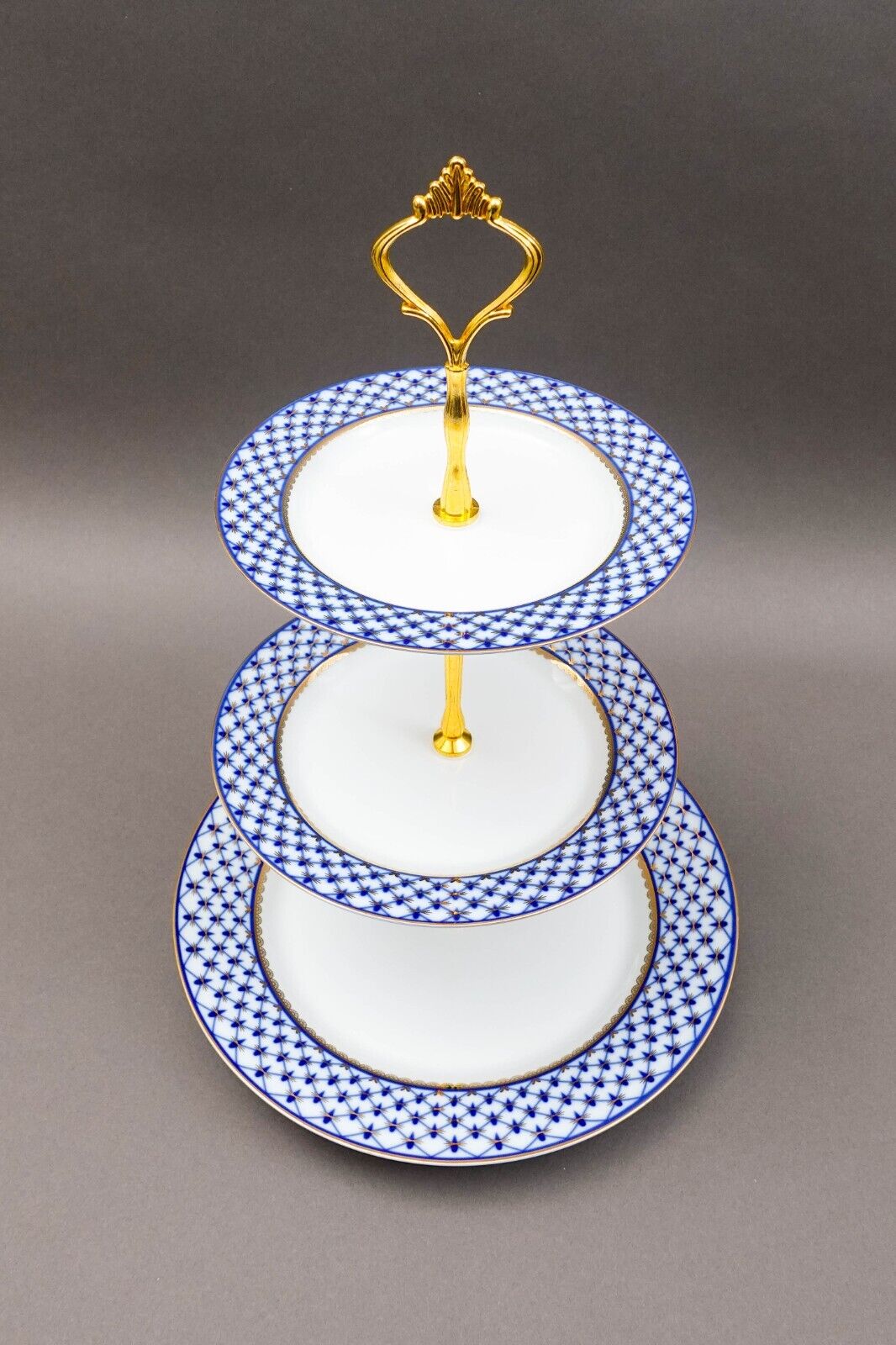 Lomonosov Russia Blue Gold Net Imperial Porcelain 3 Tier Dessert Cake Stand