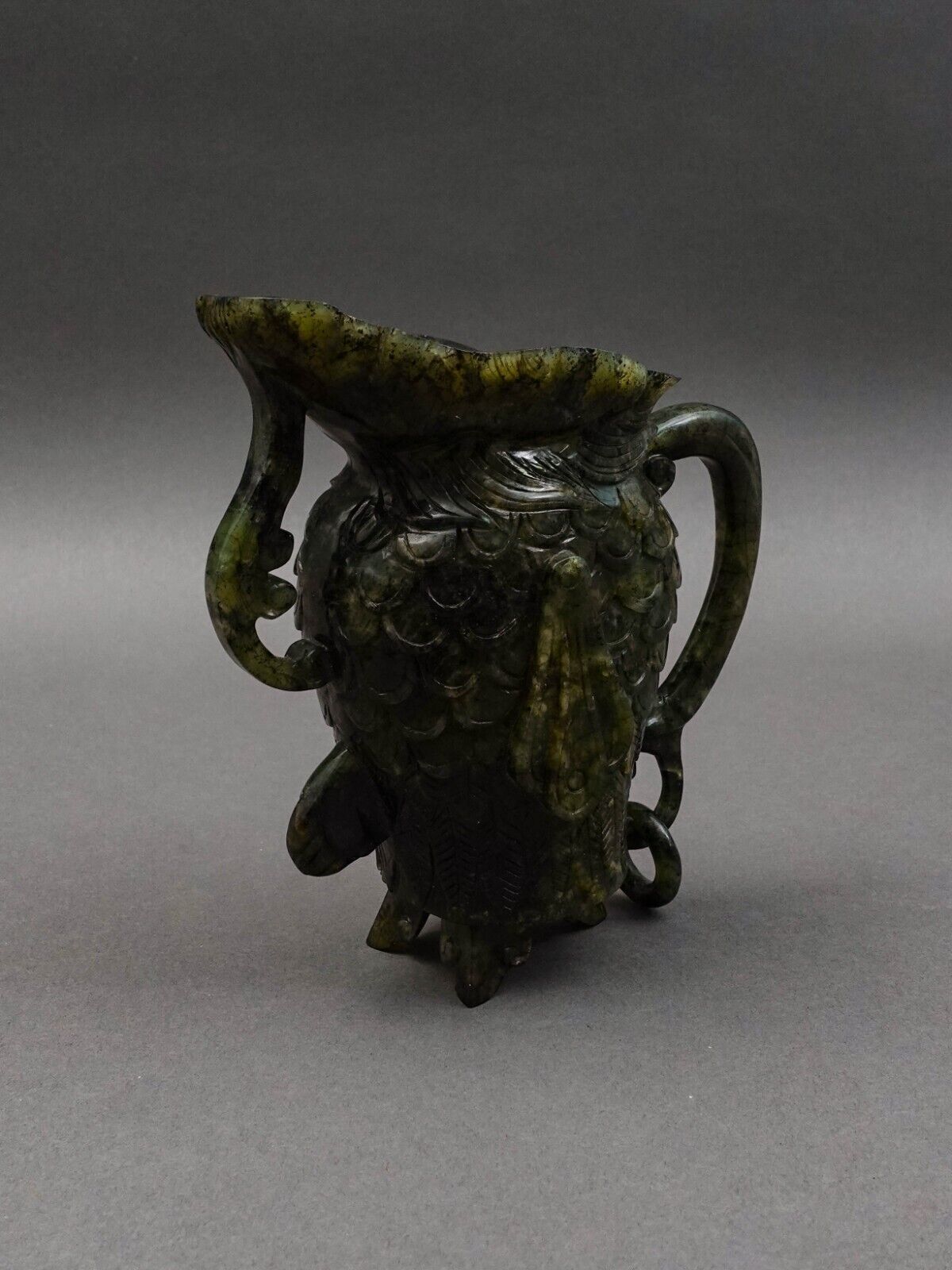 Chinese Carved Spinach Jade Carved Small Handled Pitcher