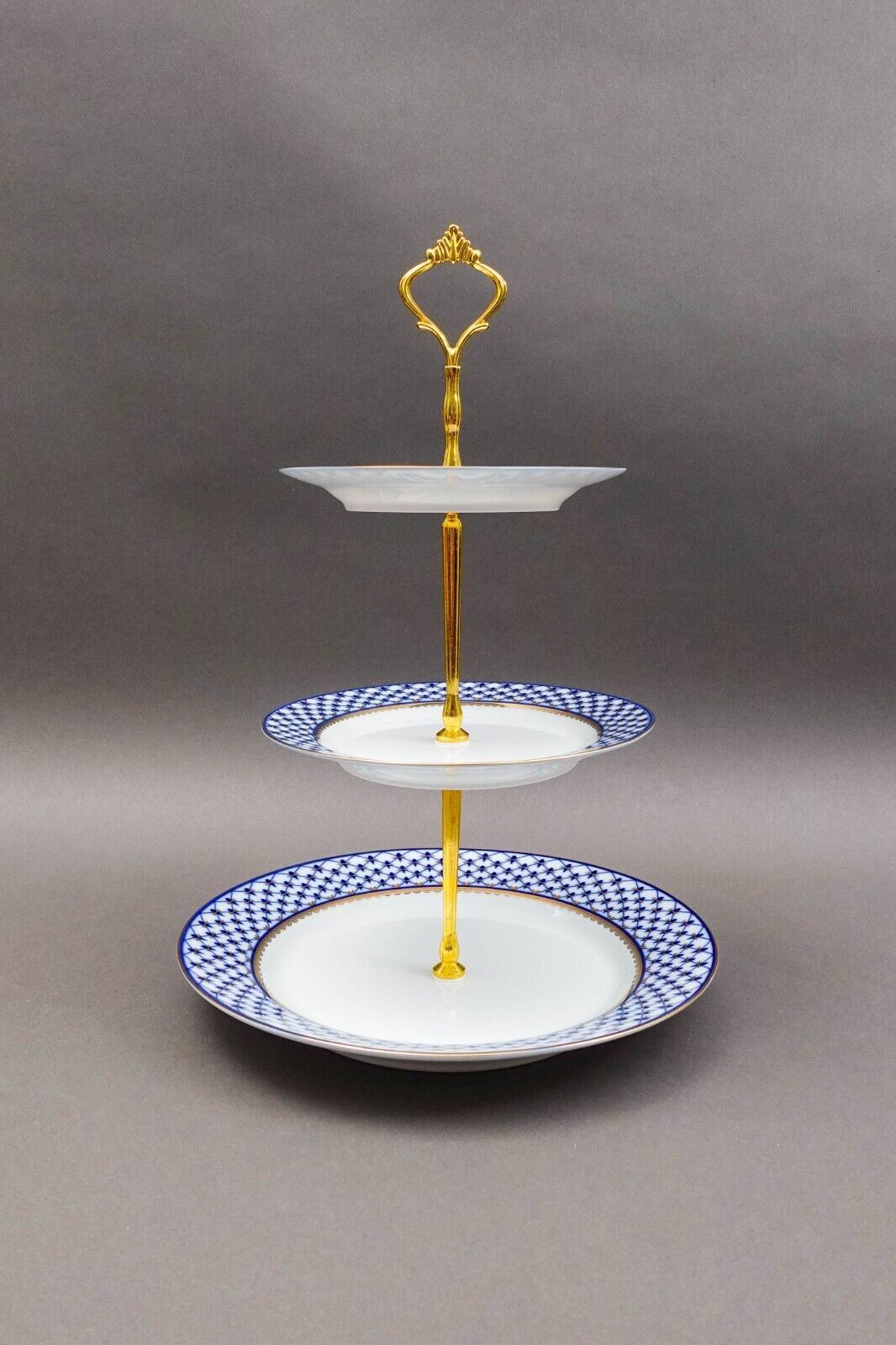 Lomonosov Russia Blue Gold Net Imperial Porcelain 3 Tier Dessert Cake Stand