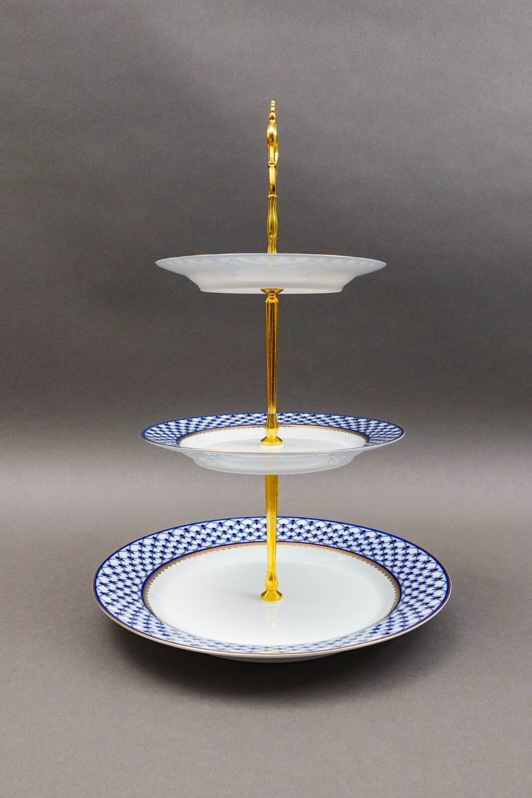 Lomonosov Russia Blue Gold Net Imperial Porcelain 3 Tier Dessert Cake Stand