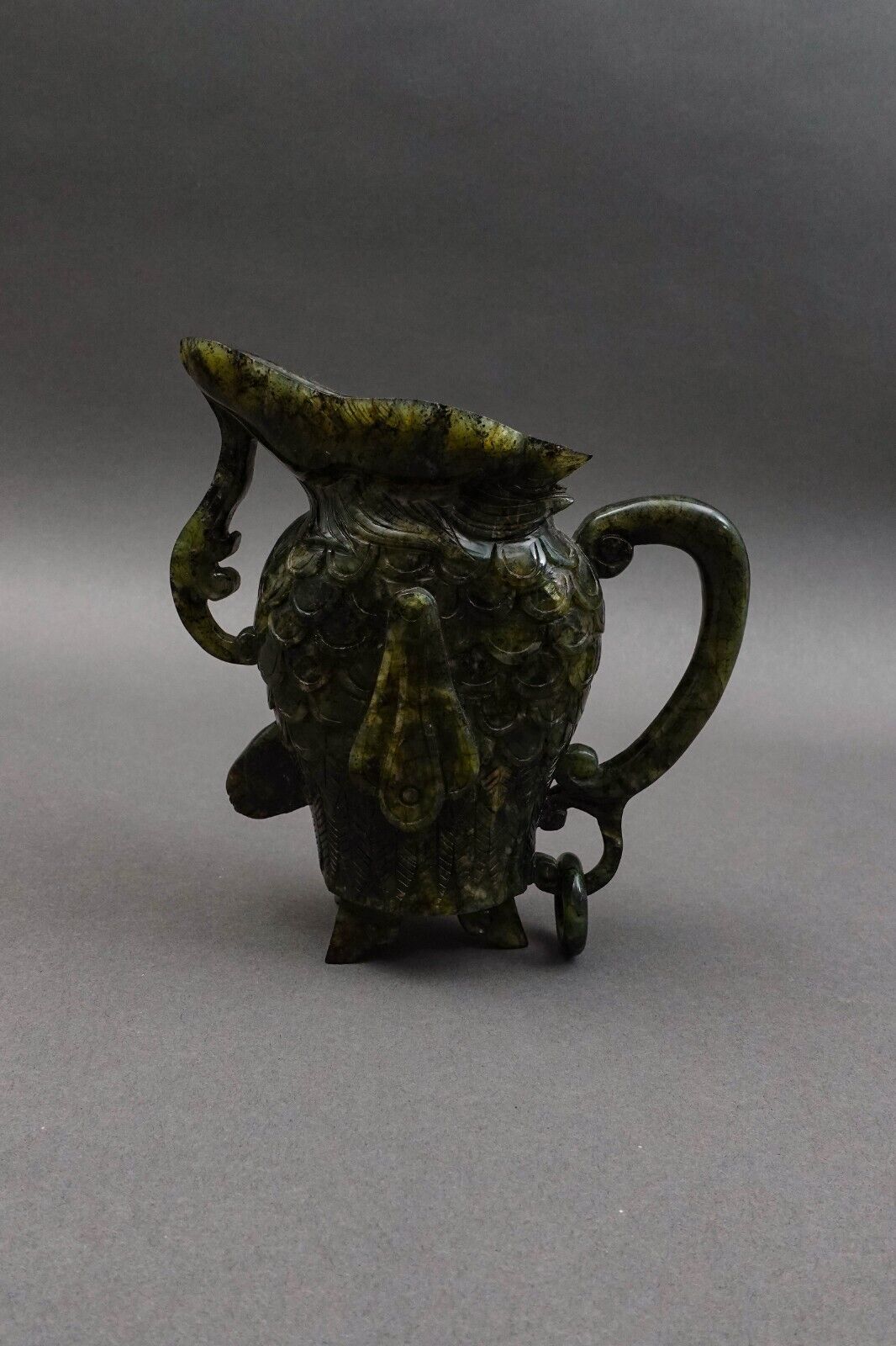 Chinese Carved Spinach Jade Carved Small Handled Pitcher
