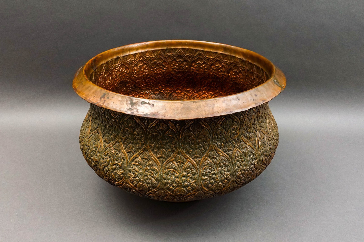 Antique Islamic Persian Middle Eastern Large Engraved Copper Bowl Pot 15 3/4"