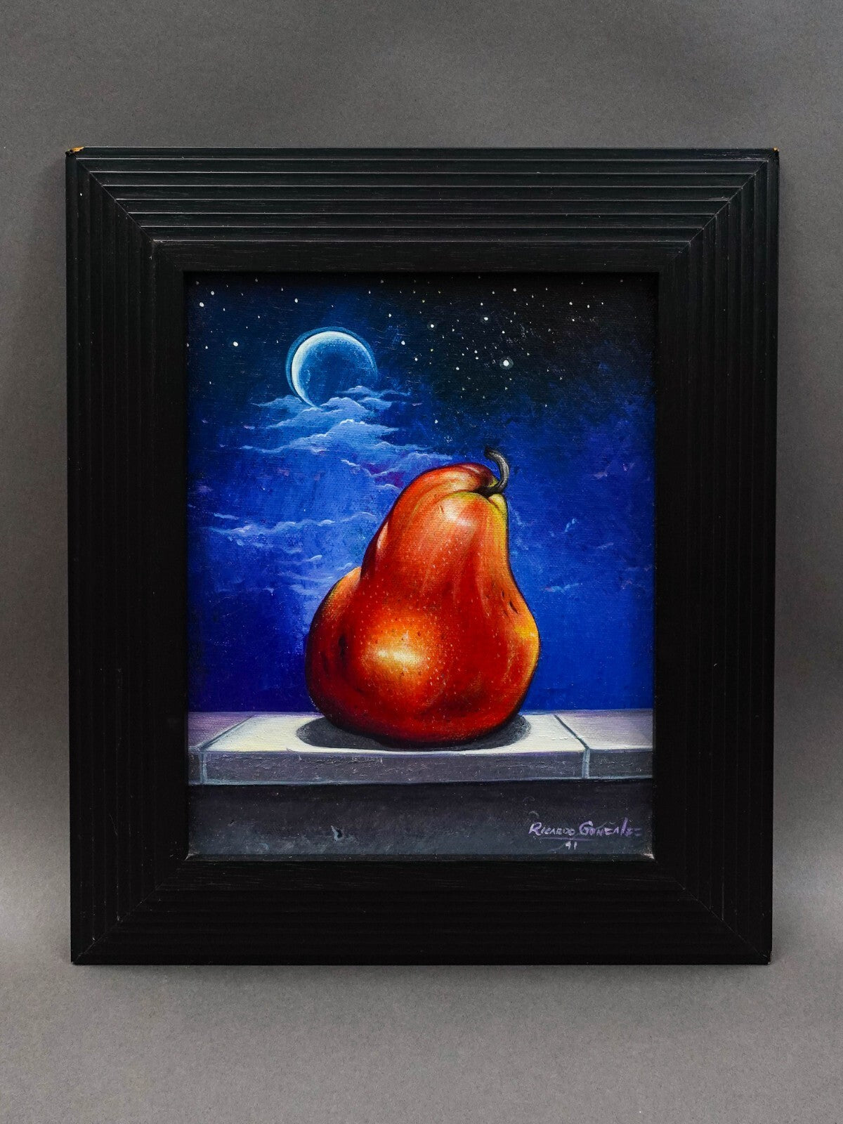 Ricardo Gonzalez 1991 Pear In Moonlight Framed Acrylic On Canvas Painting