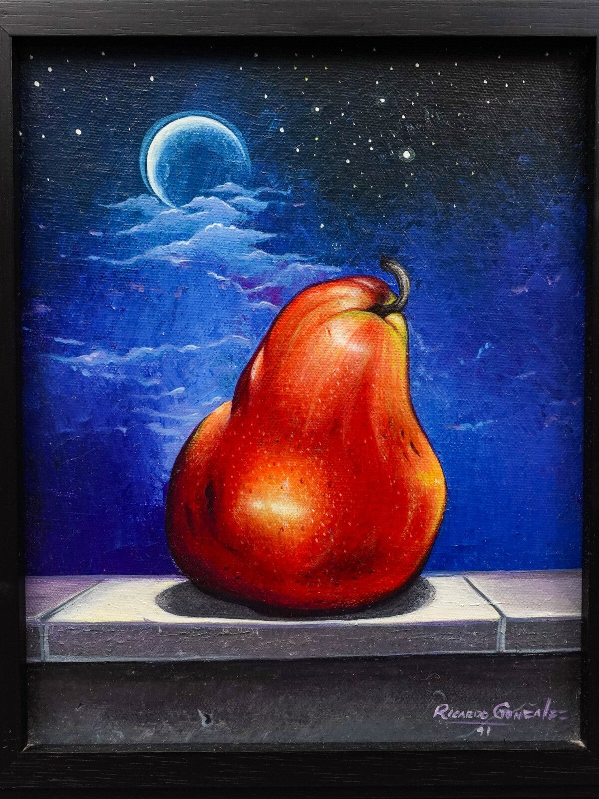 Ricardo Gonzalez 1991 Pear In Moonlight Framed Acrylic On Canvas Painting
