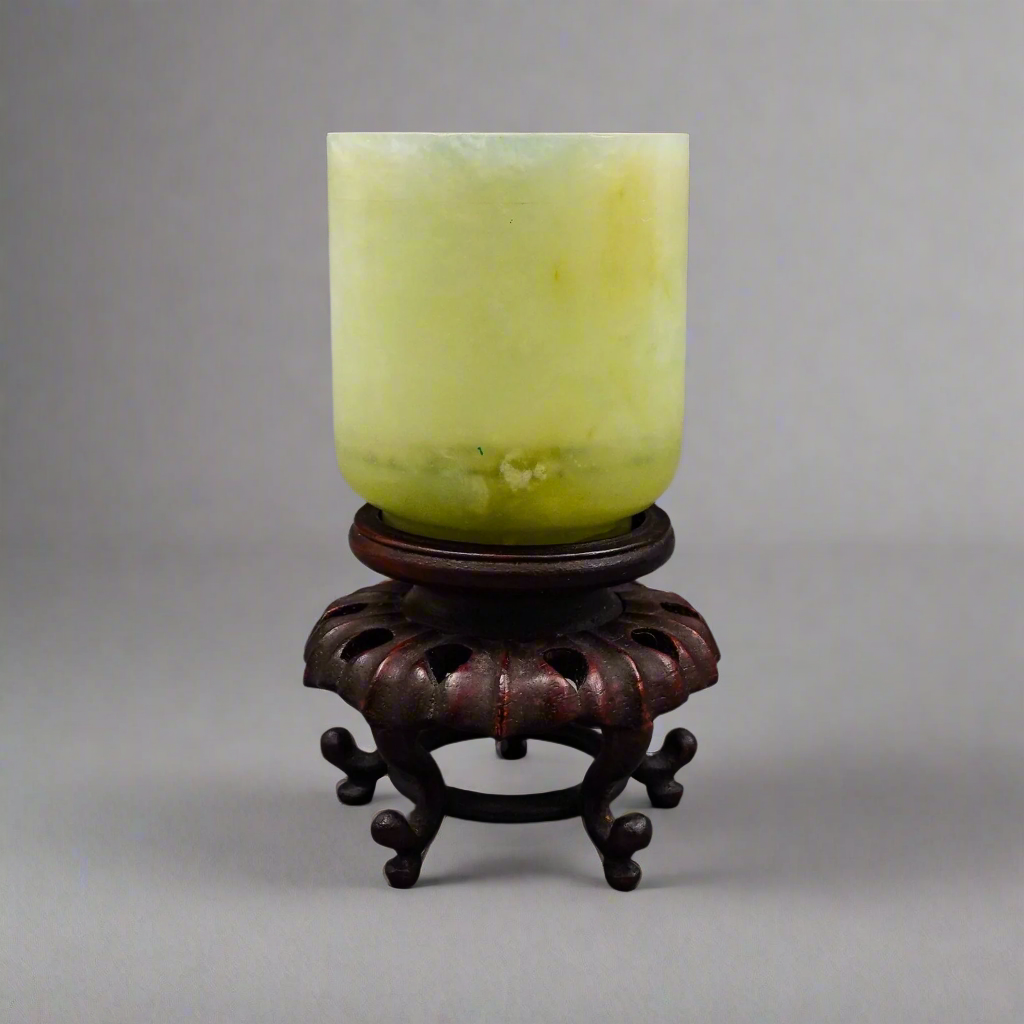 Chinese Carved Jade Cup On Wooden Stand