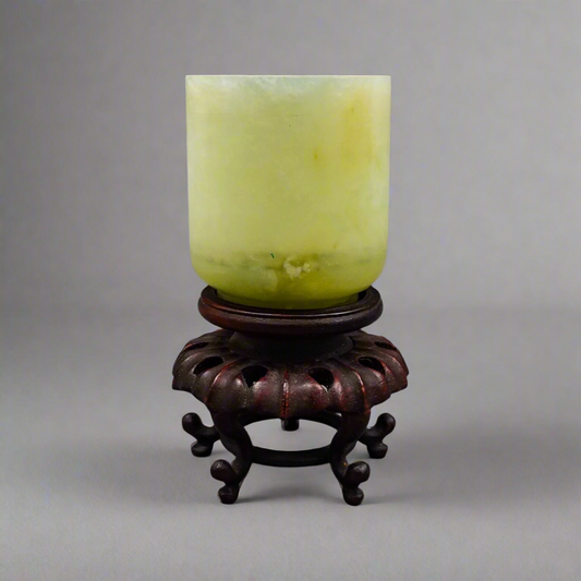 Chinese Carved Jade Cup On Wooden Stand