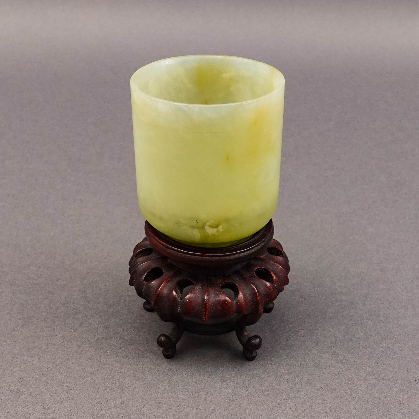 Chinese Carved Jade Cup On Wooden Stand