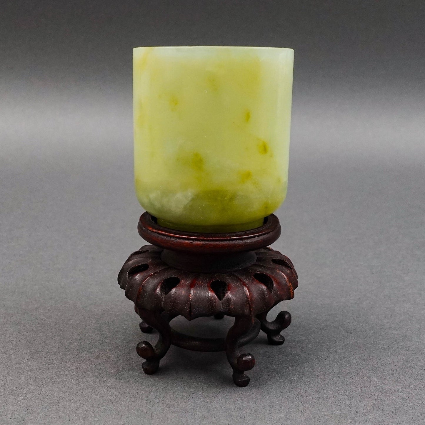 Chinese Carved Jade Cup On Wooden Stand