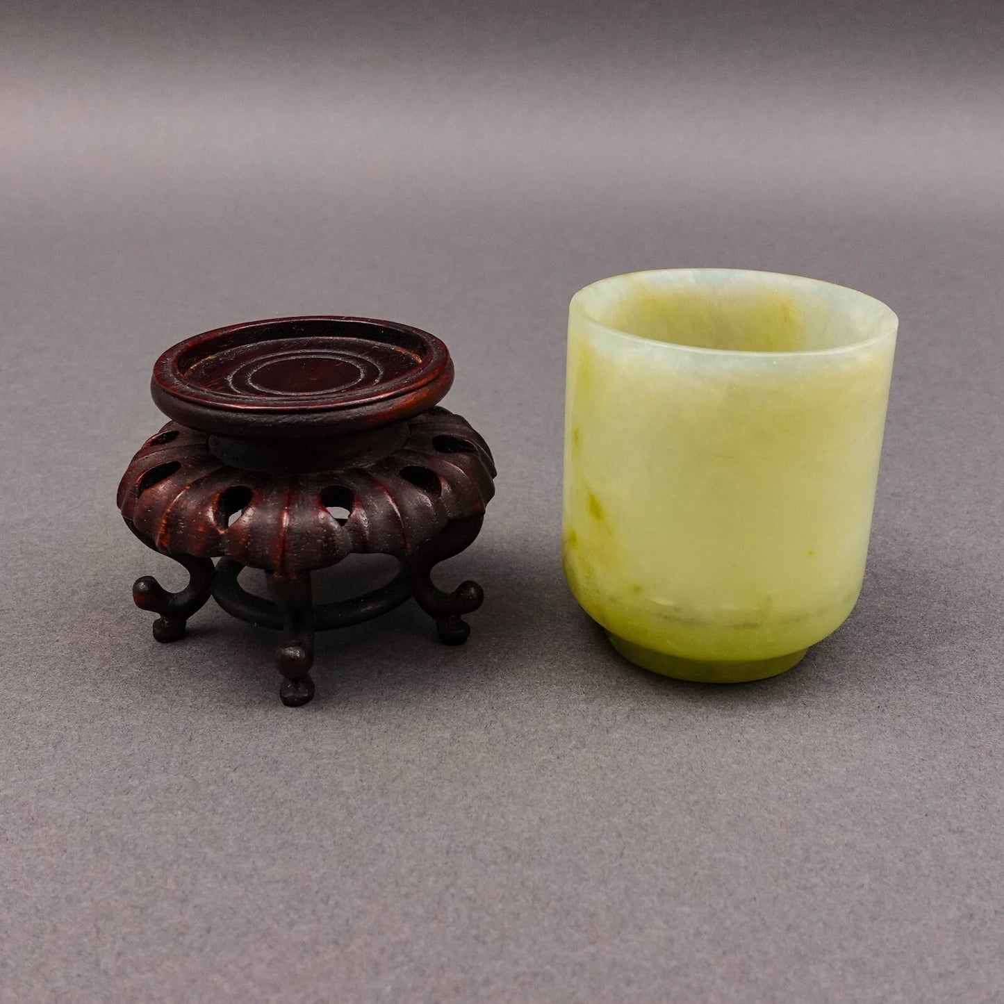 Chinese Carved Jade Cup On Wooden Stand