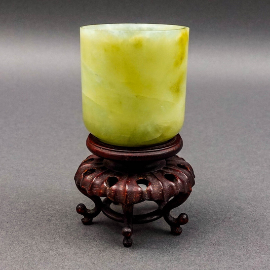 Chinese Qing Dynasty Hetian Jade Jadeite Tea Cup On Wooden Stand