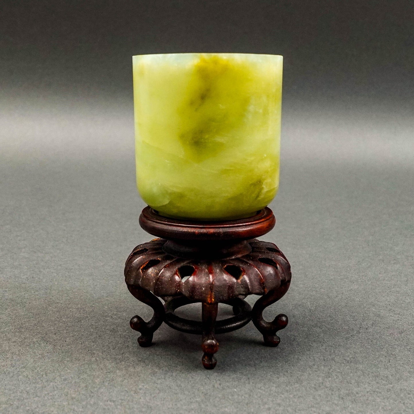 Chinese Qing Dynasty Hetian Jade Jadeite Tea Cup On Wooden Stand