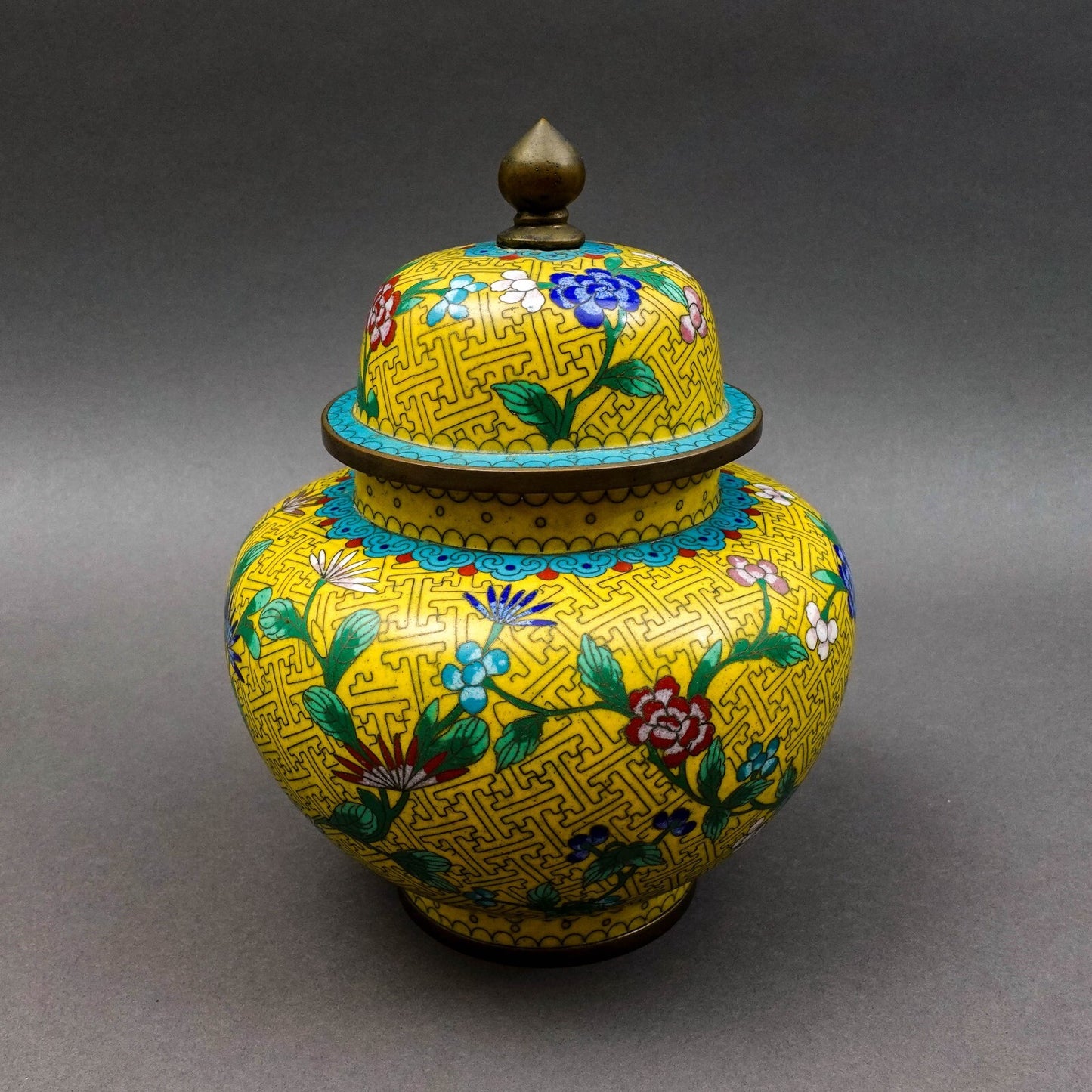 Chinese Cloisonne Yellow Enamel Floral Lidded Ginger Jar 9"