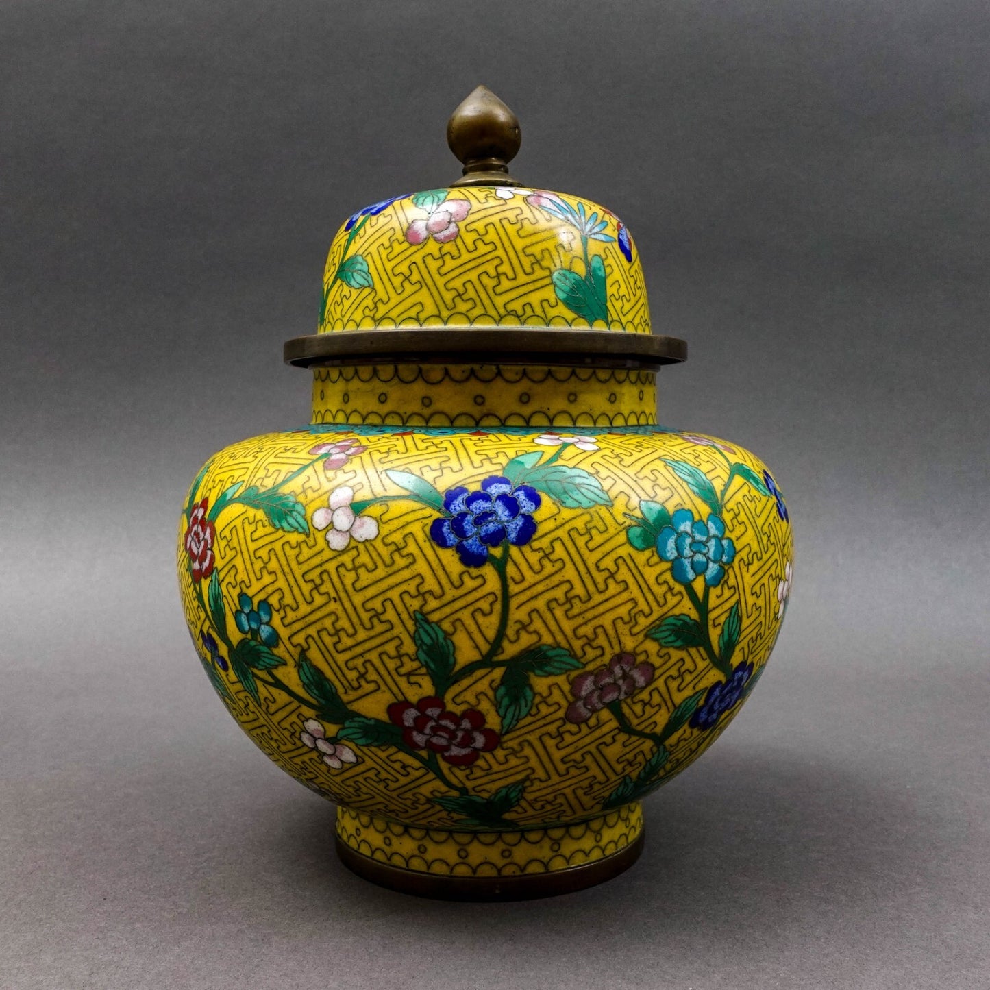 Chinese Cloisonne Yellow Enamel Floral Lidded Ginger Jar 9"