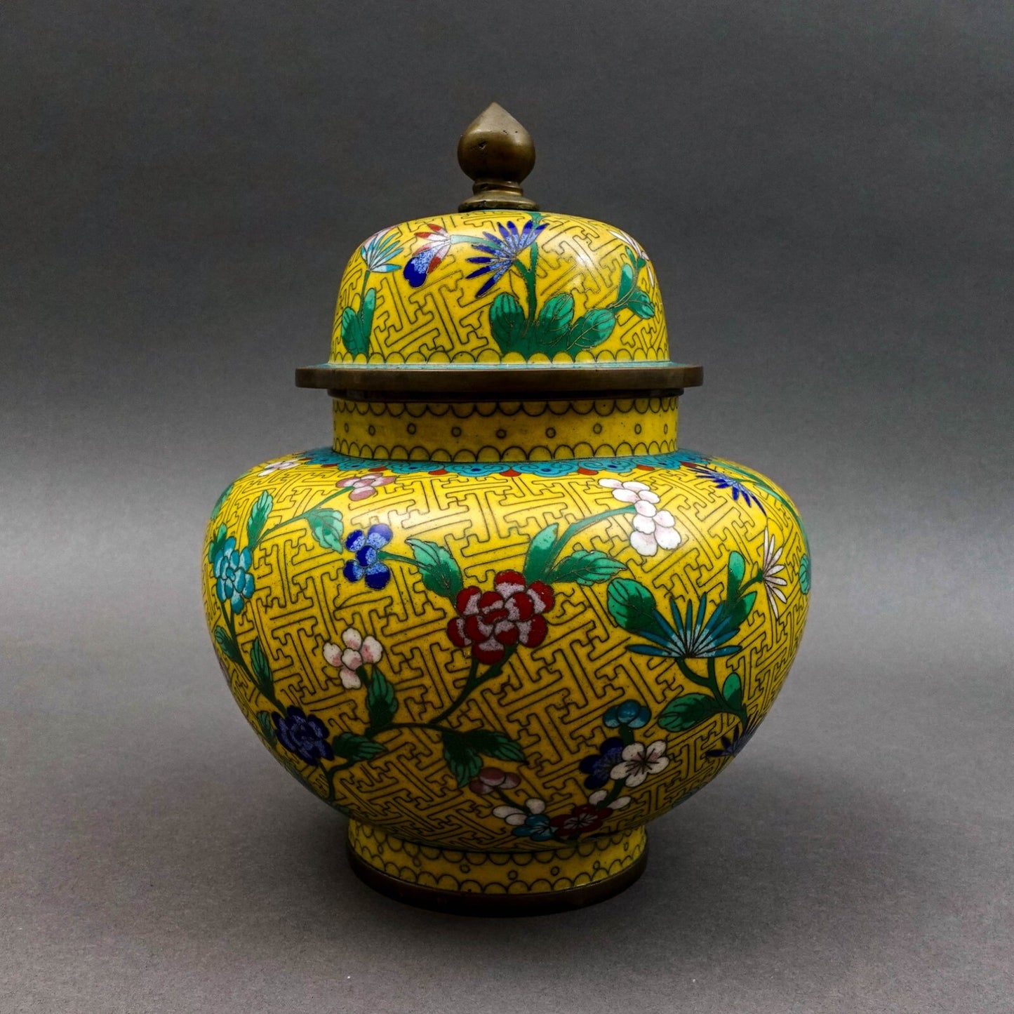 Chinese Cloisonne Yellow Enamel Floral Lidded Ginger Jar 9"