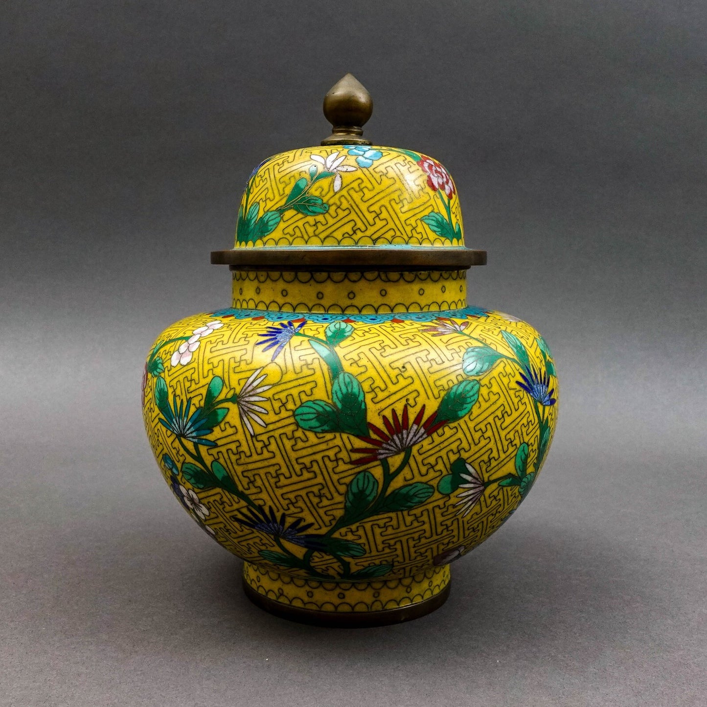 Chinese Cloisonne Yellow Enamel Floral Lidded Ginger Jar 9"