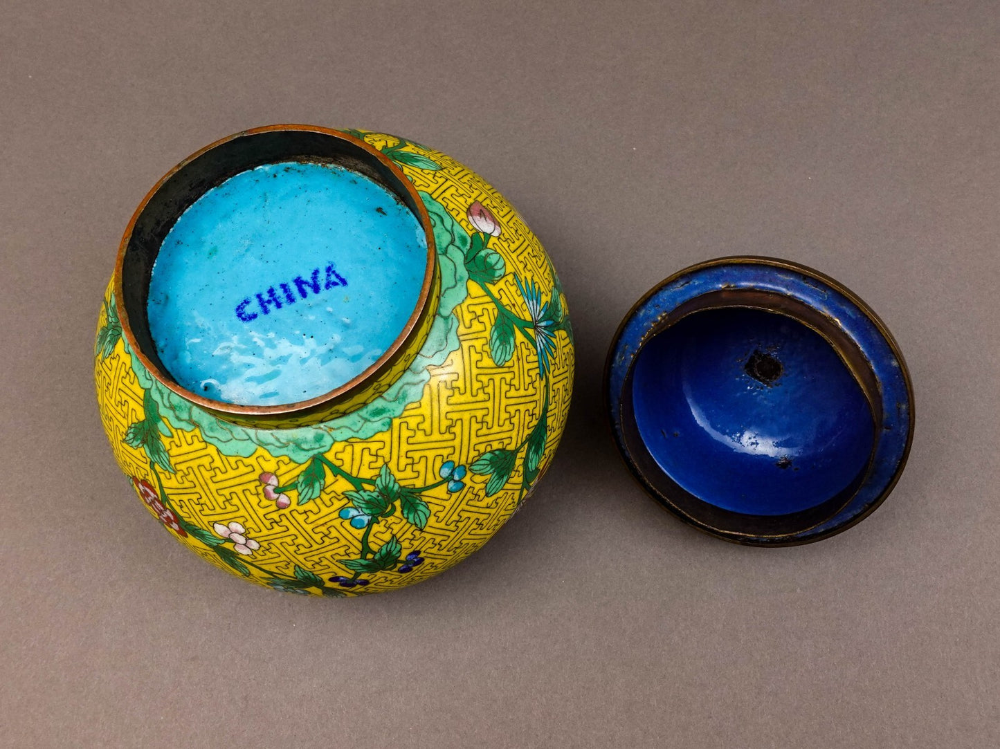 Chinese Cloisonne Yellow Enamel Floral Lidded Ginger Jar 9"