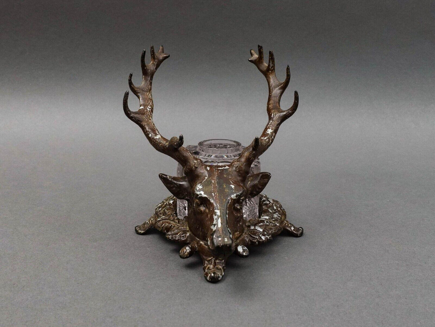 Bradley Hubbard Antique Deer Stag Elk Head Cast Inkwell With Glass Jar (No Lid)