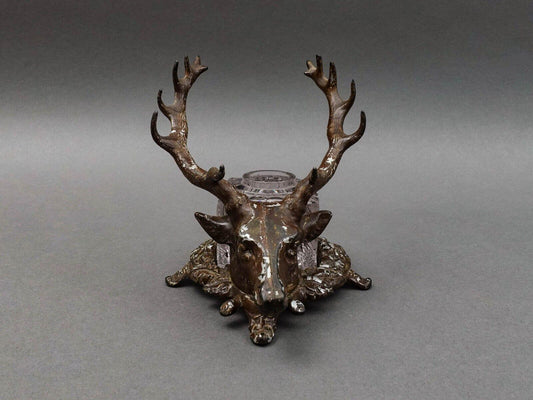 Bradley Hubbard Antique Deer Stag Elk Head Cast Inkwell With Glass Jar (No Lid)