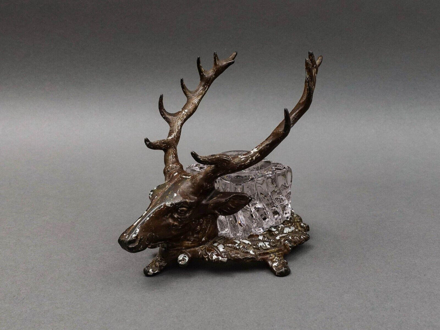 Bradley Hubbard Antique Deer Stag Elk Head Cast Inkwell With Glass Jar (No Lid)